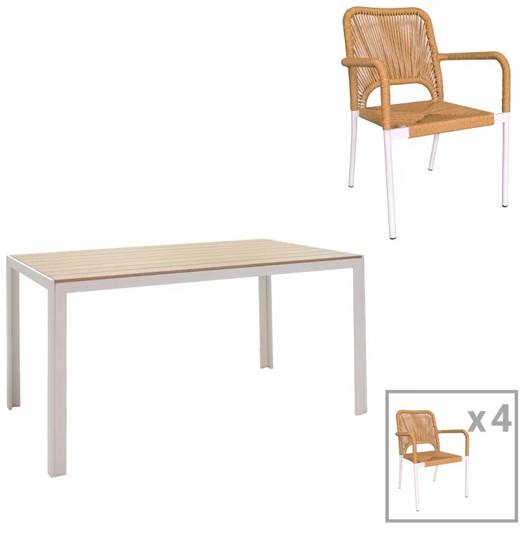 Τραπεζαρία Nares-Norture A σετ 5τεμ λευκό αλουμίνιο και plywood σε φυσική απόχρωση 140x80x72.5εκ Υλικό: ALUMINUM - PE RATTAN - PLYWOOD 200-000921