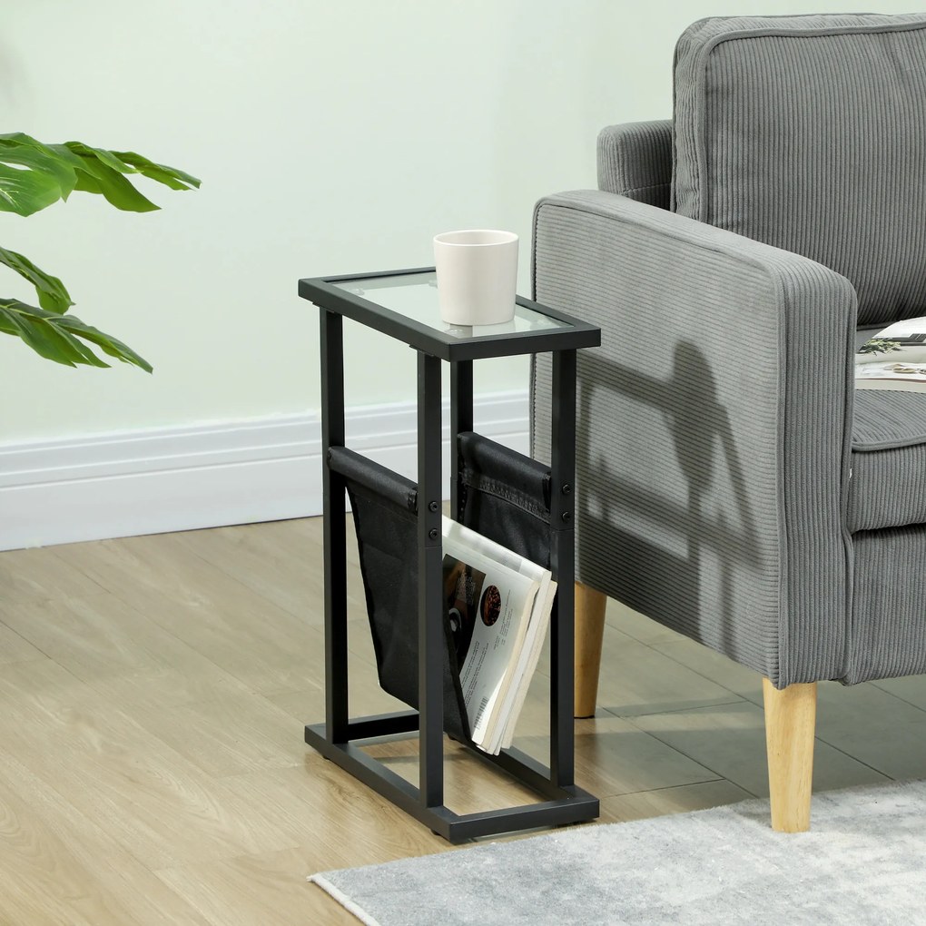 HOMCOM μεταλλικό κομοδίνο με υφασμάτινη τσάντα και γυάλινη επιφάνεια, στενό τραπέζι για σαλόνι, υπνοδωμάτιο, μαύρο