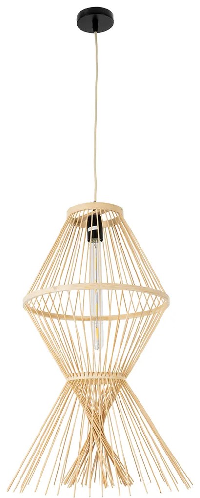 GloboStar® YOSHI 01928 Boho Κρεμαστό Φωτιστικό Οροφής Μονόφωτο 1 x E27 AC220-240V IP20 - Φ35 x Υ60cm - Μπεζ Ξύλινο Πλέγμα - 5 Χρόνια Εγγύηση