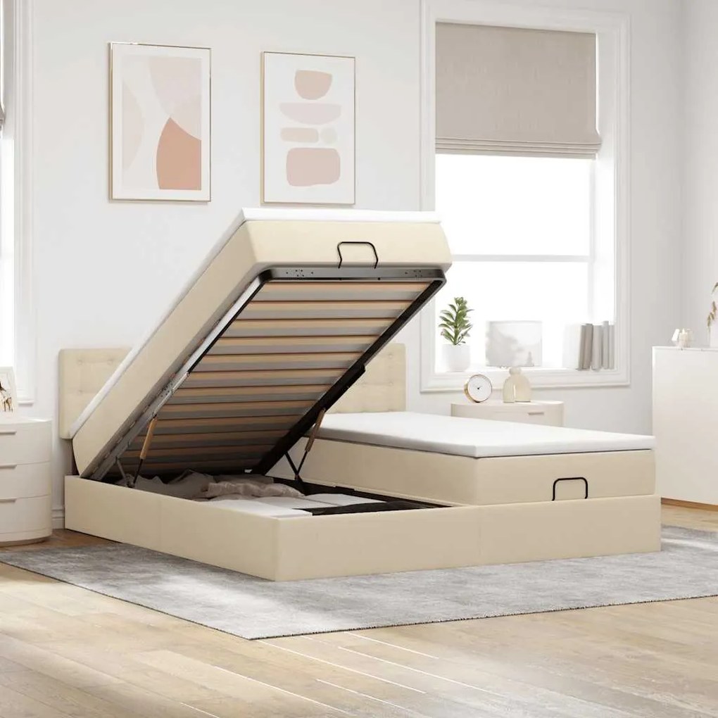 vidaXL Οθωμανικό κρεβάτι με στρώματα Κρέμα 180x200cm ύφασμα