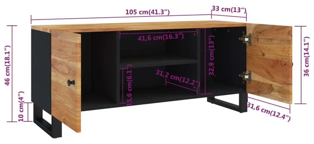 Έπιπλο Τηλεόρασης 105 x 33 x 46 εκ. από Μασίφ Ξύλο Ακακίας - Μαύρο