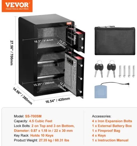 VEVOR Double Door 4.5 cu.ft Safe Box with Key Lock Password Fireproof Bag Black