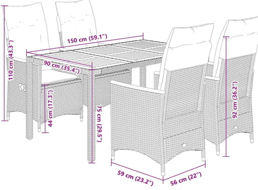 vidaXL Σετ Τραπεζαρίας Κήπου 5 Τεμαχίων Μαύρο Συνθ. Ρατάν με Μαξιλάρια