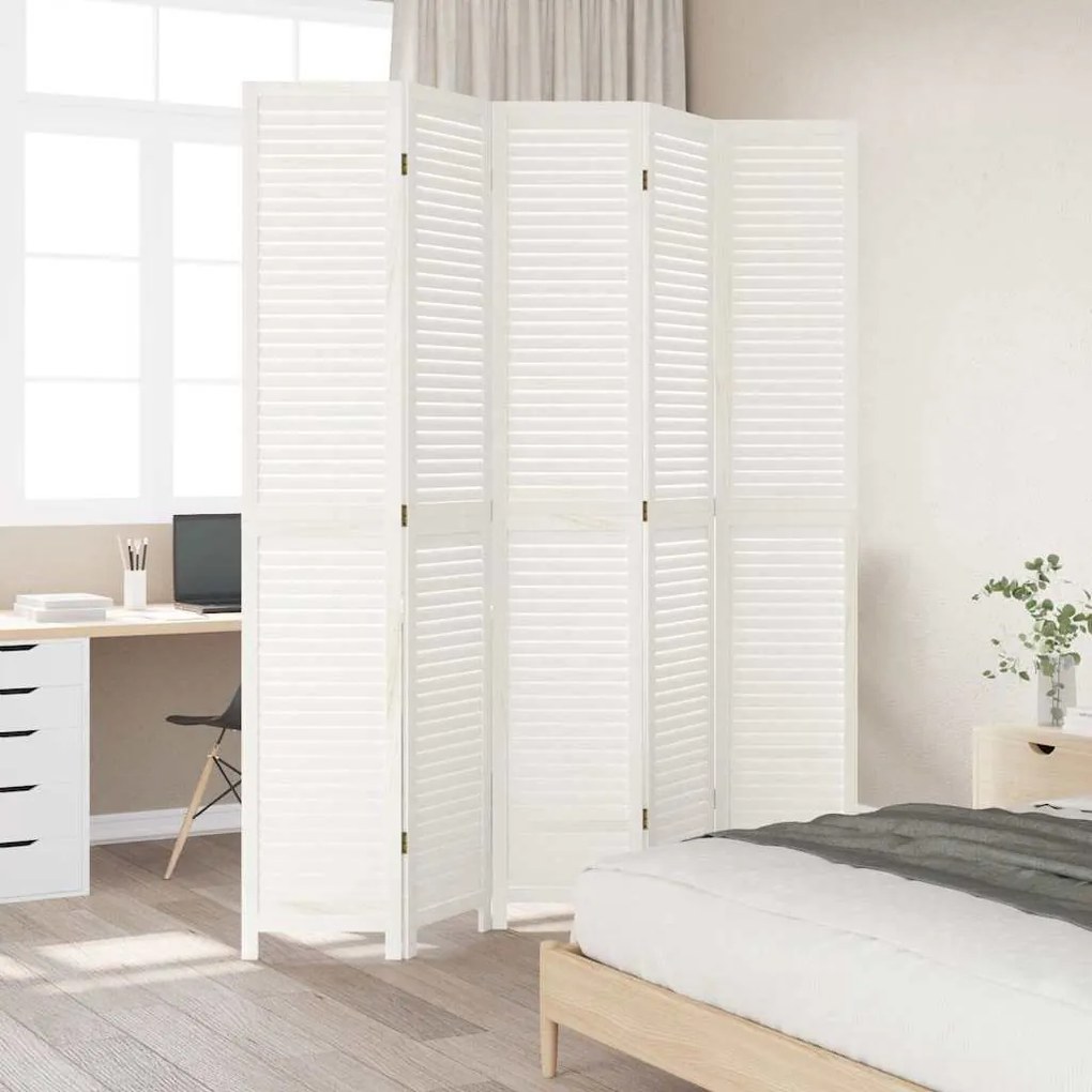 vidaXL Διαχωριστικό Χώρου με 5 Πάνελ Λευκό από Μασίφ Ξύλο Παυλώνιας