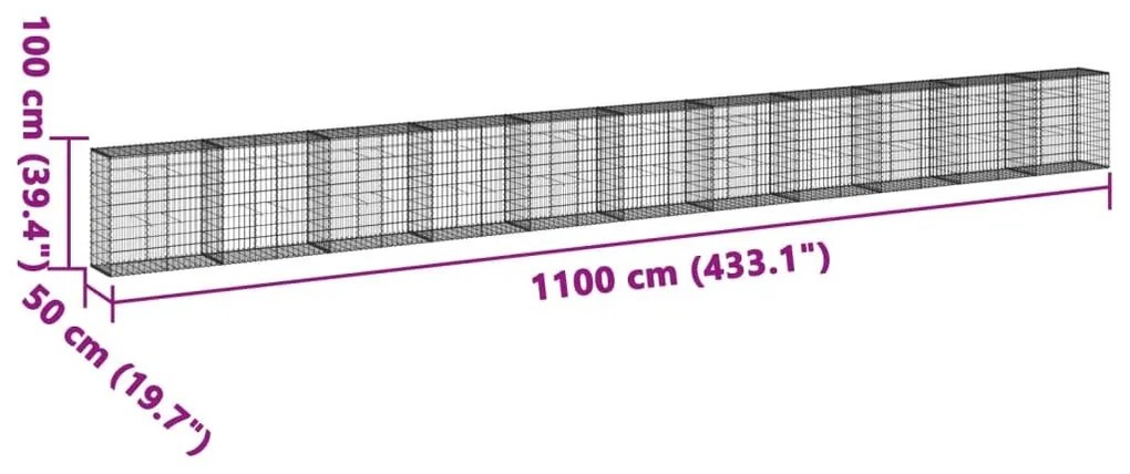 Συρματοκιβώτιο με Κάλυμμα 1100x50x100εκ από Γαλβανισμένο Χάλυβα - Ασήμι