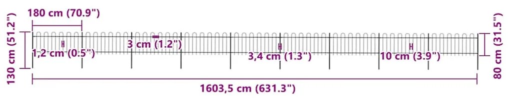 vidaXL Φράχτης Κήπου με Κορυφή από Ατσάλι 1603,5 εκ. Μαύρος