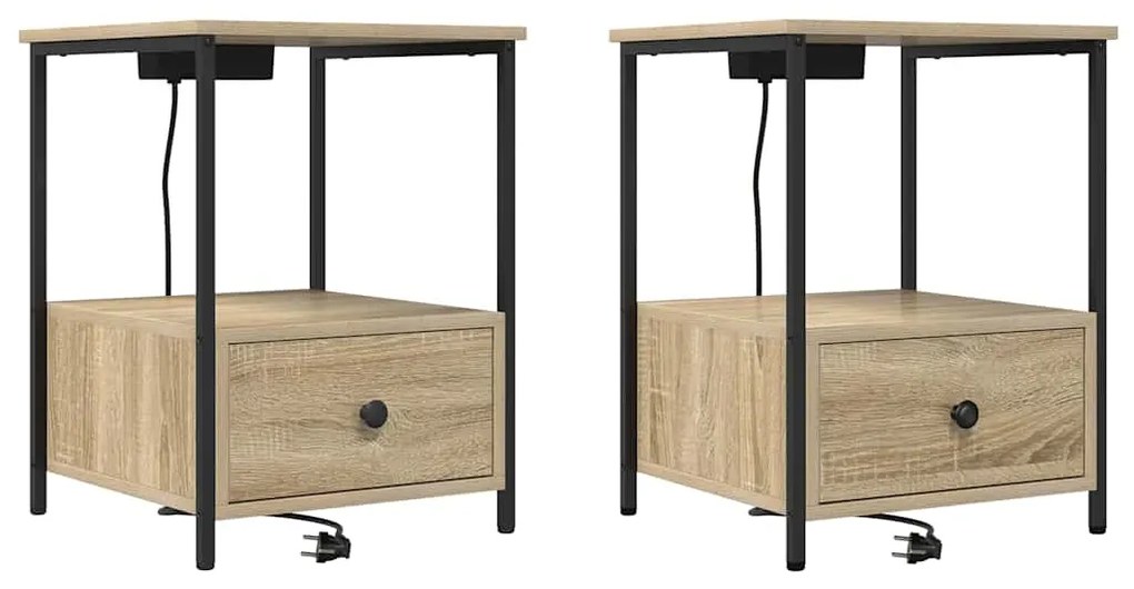 vidaXL Κομοδίνο με Σταθμό Φόρτισης με συρτάρι 2 pcs Sonoma Δρυς