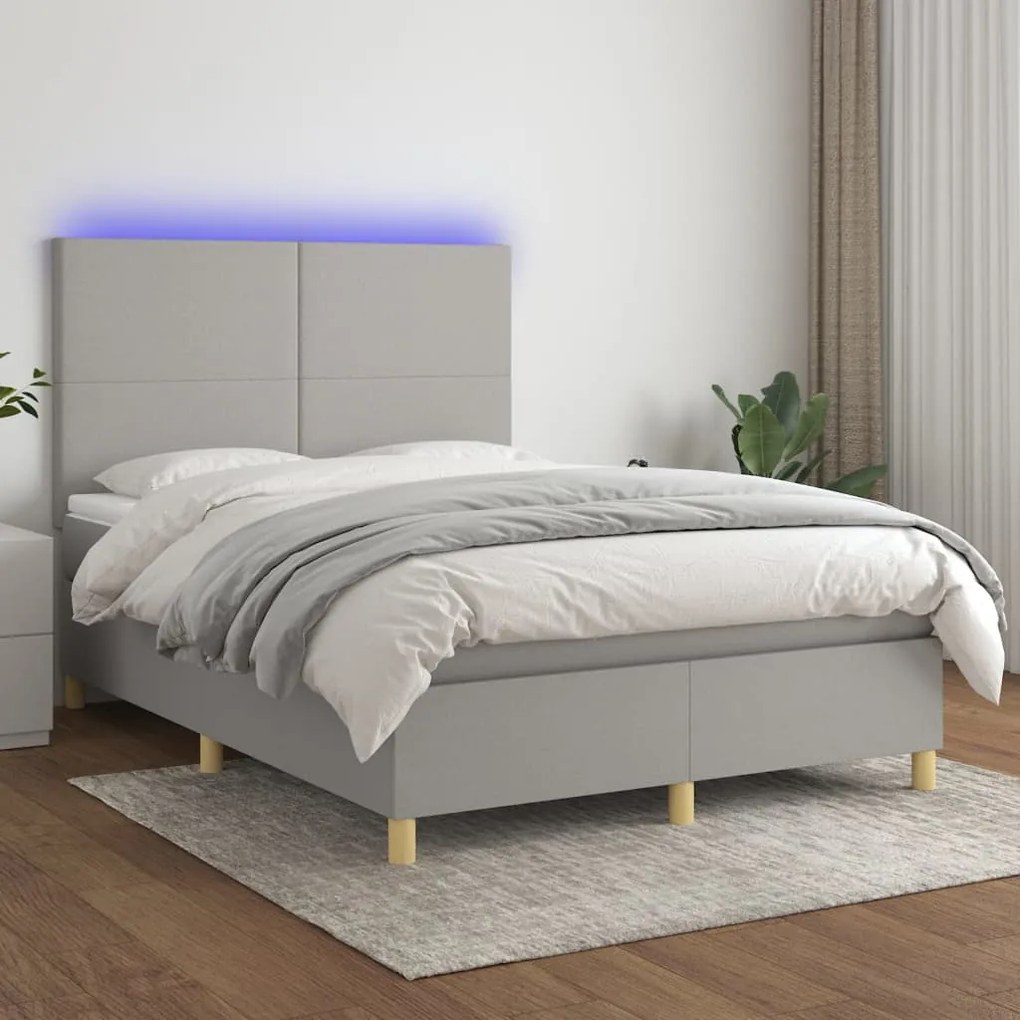 Κρεβάτι Boxspring με Στρώμα & LED Αν.Γκρι 140x200εκ. Υφασμάτινο