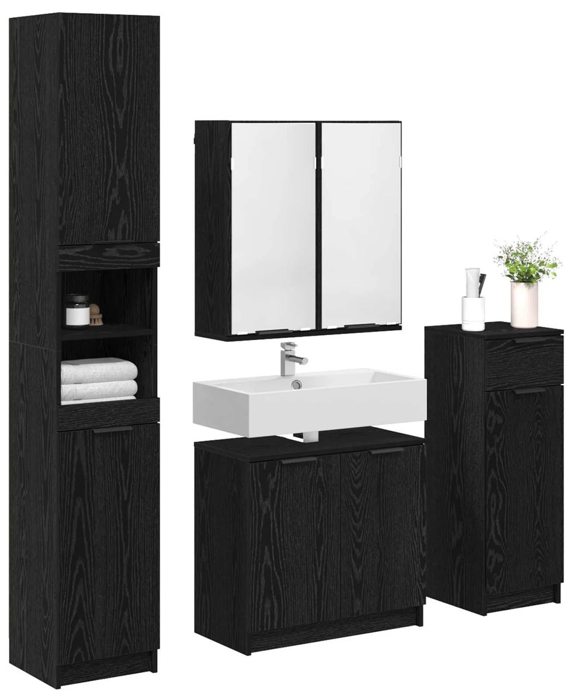 vidaXL Σετ Επίπλων Μπάνιου με ράφι 4 pcs Μαύρη Οξυά Επεξεργασμένο ξύλο