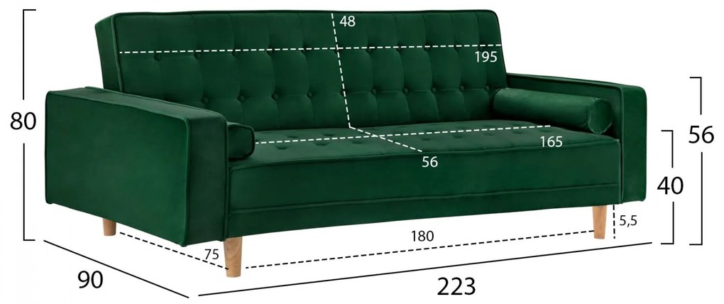 Καναπές - Κρεβάτι Salvador Βελούδο Κυπαρισσί 223x90x80Y εκ. 223x90x80 εκ.