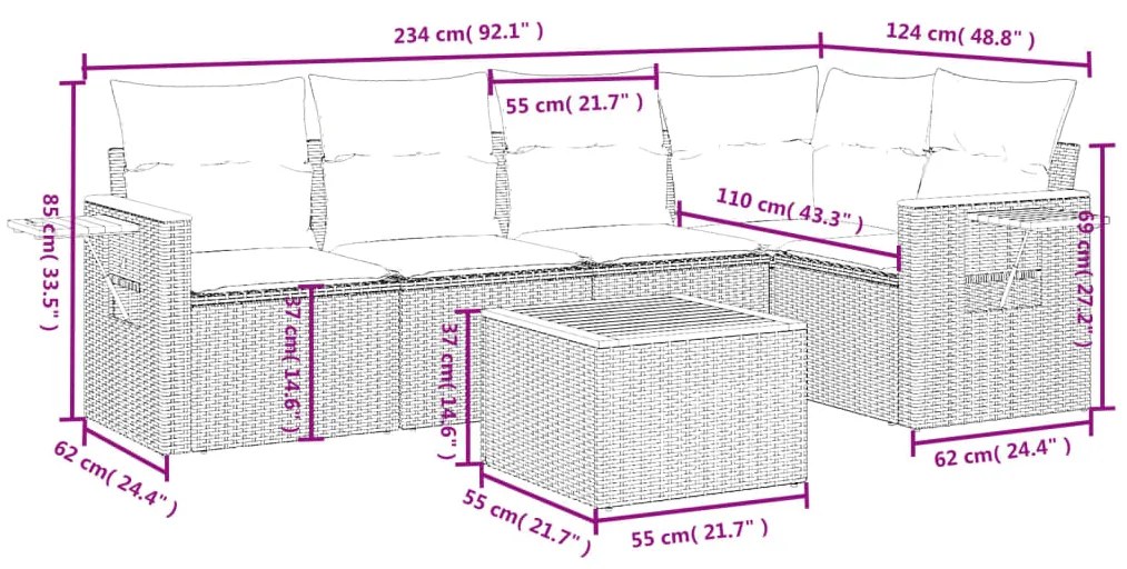 vidaXL Καναπές Κήπου 6 Τεμαχίων Μαύρο από Συνθετικό Ρατάν με Μαξιλάρια