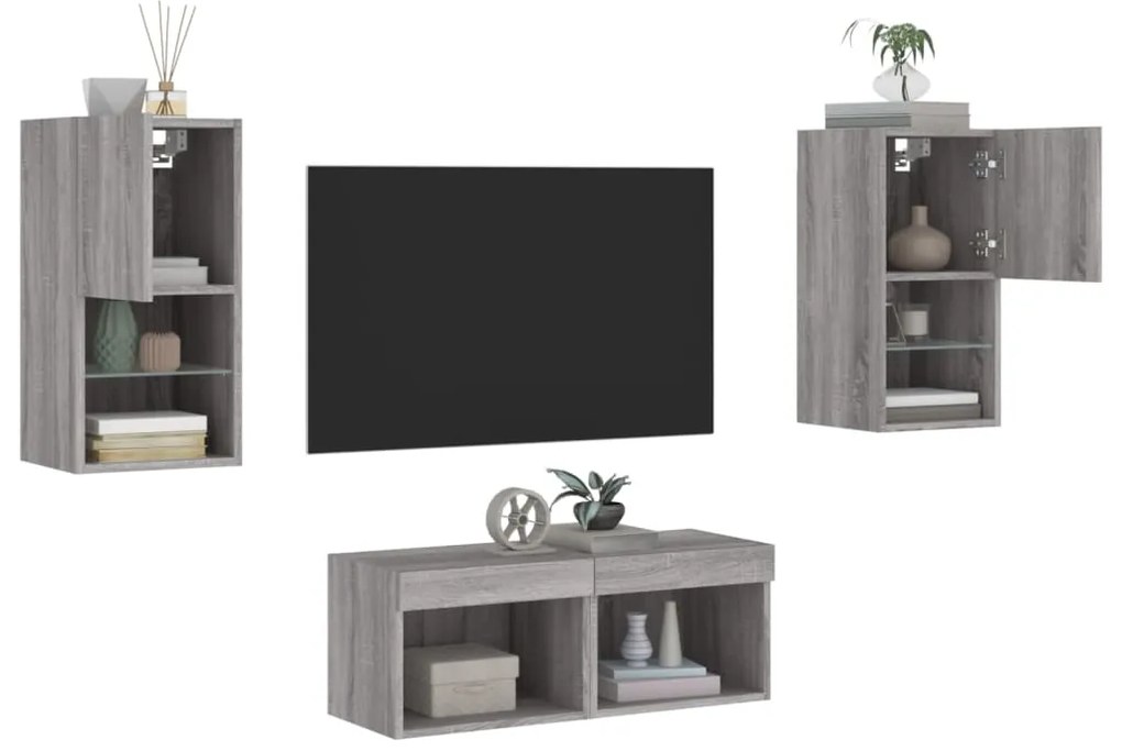 vidaXL Ντουλάπια Τηλεόρασης Τοίχου 4 Τεμ. με Φώτα LED Γκρι Sonoma