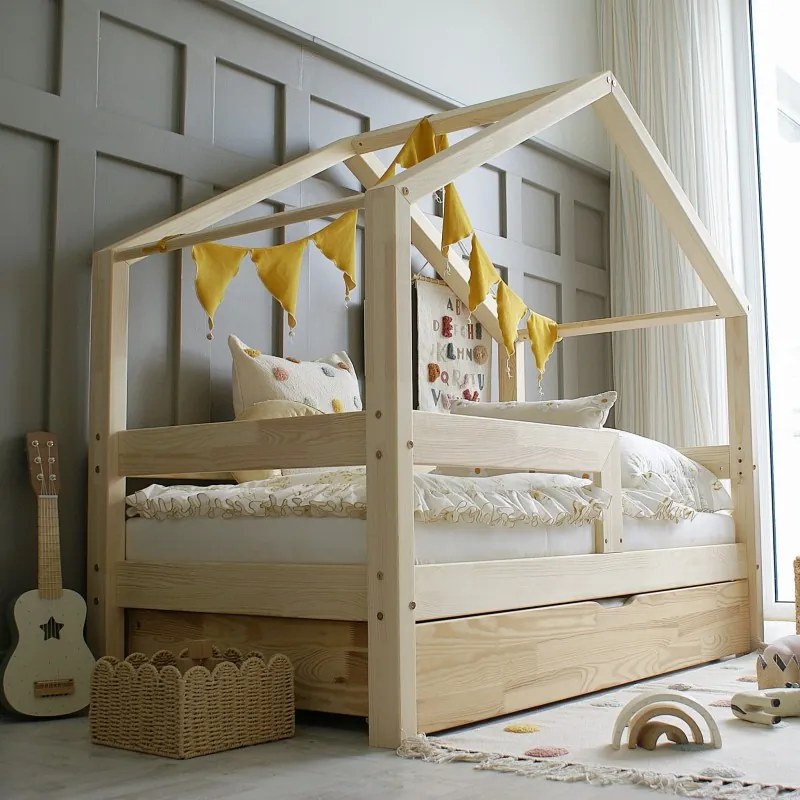 Κρεβάτι Παιδικό Montessori House Bed  με Ίσιο Κάγκελo +  Συρτάρι σε Φυσικό  Ξύλο  100×190cm  Luletto (Δώρο 10% έκπτωση στο Στρώμα)