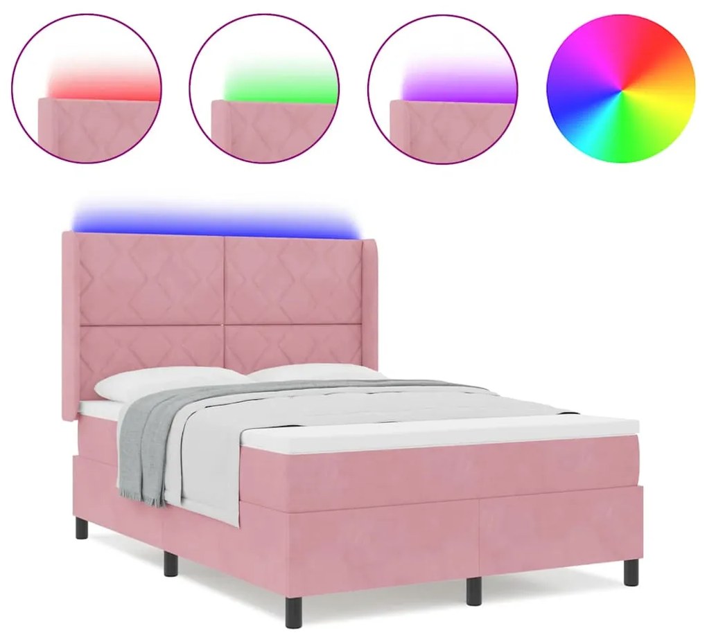 vidaXL Κρεβάτι Box Spring LED με Στρώμα Ροζ 140 x 200 cm Βελούδο