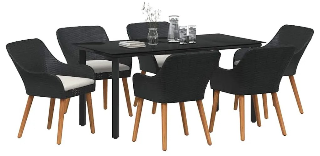 vidaXL Σέτ φαγητού για κήπο με μαξιλάρι 7 pcs Μαύρο συνθετικό ρατάν