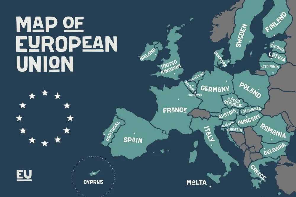 Εικόνα στον εκπαιδευτικό χάρτη φελλού με ονόματα χωρών της Ευρωπαϊκής Ένωσης - 90x60  color mix