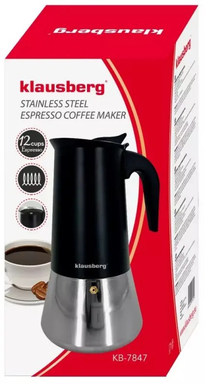 Κουβανέζικη καφετιέρα Klausberg KB 7847, 12 φλιτζάνια, 600 ml, Ανοξείδωτο, Επαγωγική, Μαύρο/Inox