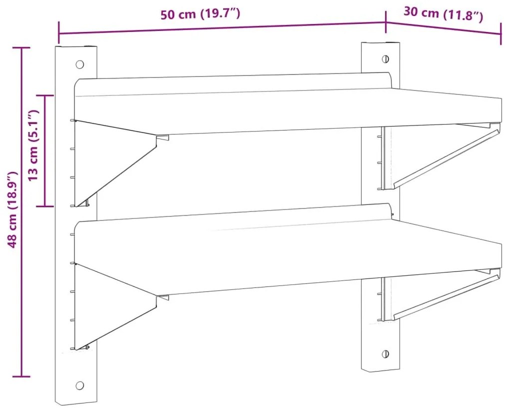 Ράφι Τοίχου 2 Επιπ. Ασημί 50x30x48 εκ. Ανοξείδωτο Ατσάλι - Ασήμι
