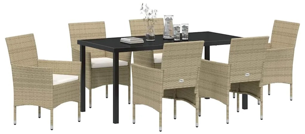 vidaXL Σέτ φαγητού για κήπο με μαξιλάρι 7 pcs Μπεζ Πολυ ράταν