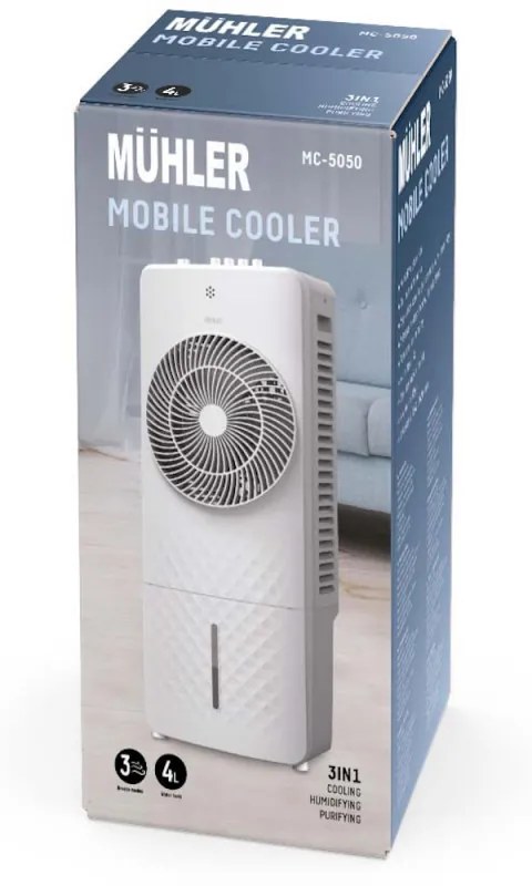 Προϊόν με ανοιχτή συσκευασία: Air cooler 3 σε 1 Muhler MC-5050, 65 W, 4l, 3 ταχύτητες, 3 τρόποι λειτουργίας, Περιστροφή, Λευκό