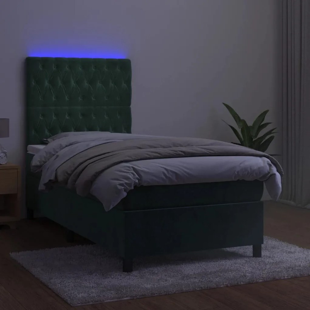 Κρεβάτι Boxspring με Στρώμα &amp; LED Σκ. Πράσινο 90x190 εκ Βελούδο - Πράσινο