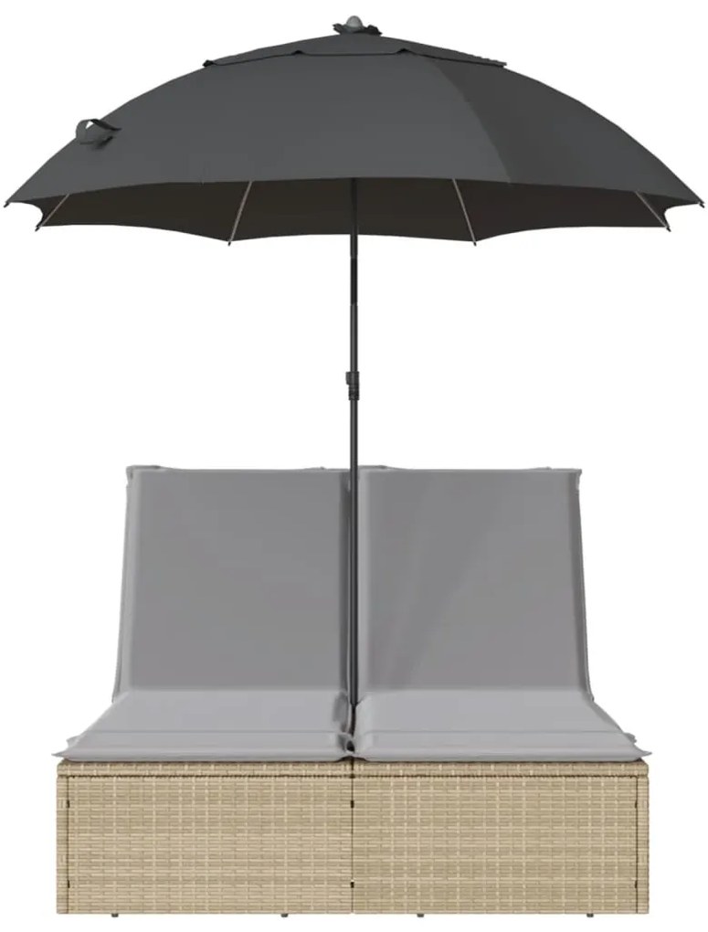 vidaXL Ξαπλώστρα Διπλή Μπεζ από Συνθετικό Ρατάν με Μαξιλάρια/Ομπρέλα