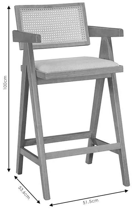 Σκαμπό bar με μπράτσα Winslow pakoworld ξύλο rubberwood ανοικτό καρυδί-pvc rattan φυσικό-ύφασμα γκρι