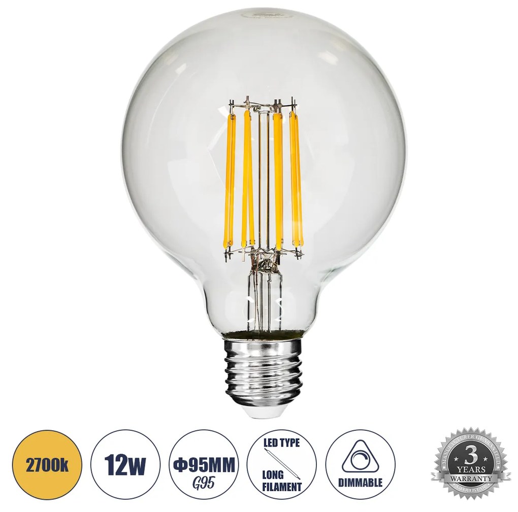 GloboStar® 99011 Λάμπα LED Long Filament E27 G95 Γλόμπος 12W 1200lm 360° AC 220-240V IP20 Φ9.5 x Υ13.5cm Θερμό Λευκό 2700K με Διάφανο Γυαλί - Dimmable - 3 Years Warranty