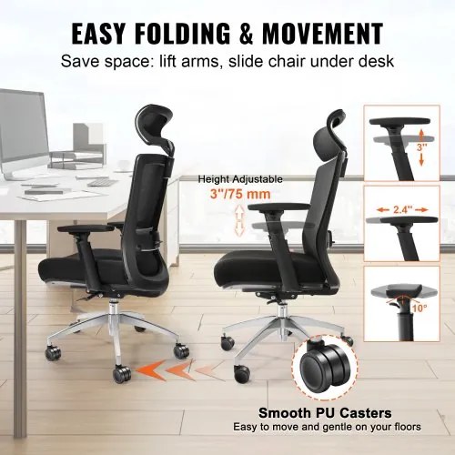 VEVOR Ergonomic Office Chair with Slide Seat, Desk Chair with Mesh Seat, Angle and Height Adjustable Home Office Chair with Back and Lumbar Support, Swivel Computer Task Chair