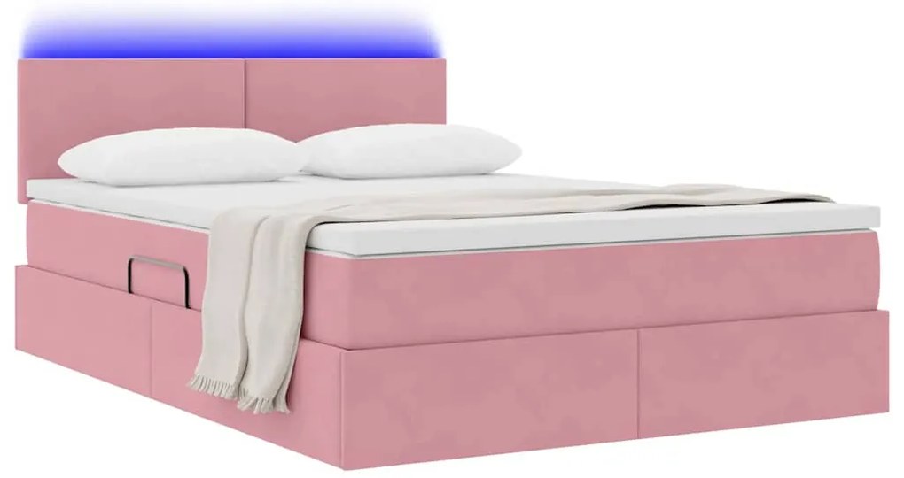 vidaXL Κρεβάτι με αποθηκευτικό χώρο και LED Ροζ 140 x 190 cm Βελούδο