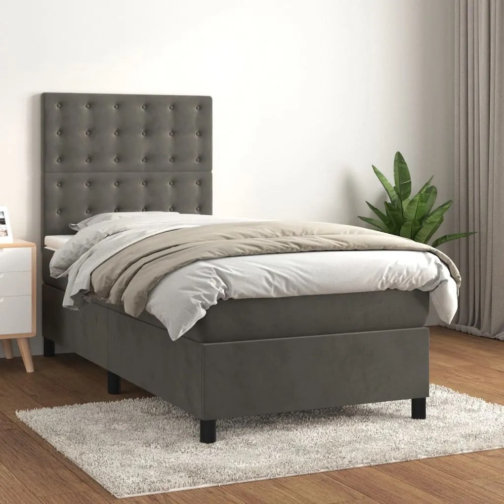 vidaXL Κρεβάτι Boxspring με Στρώμα Σκούρο Γκρι 100x200 εκ. Βελούδινο