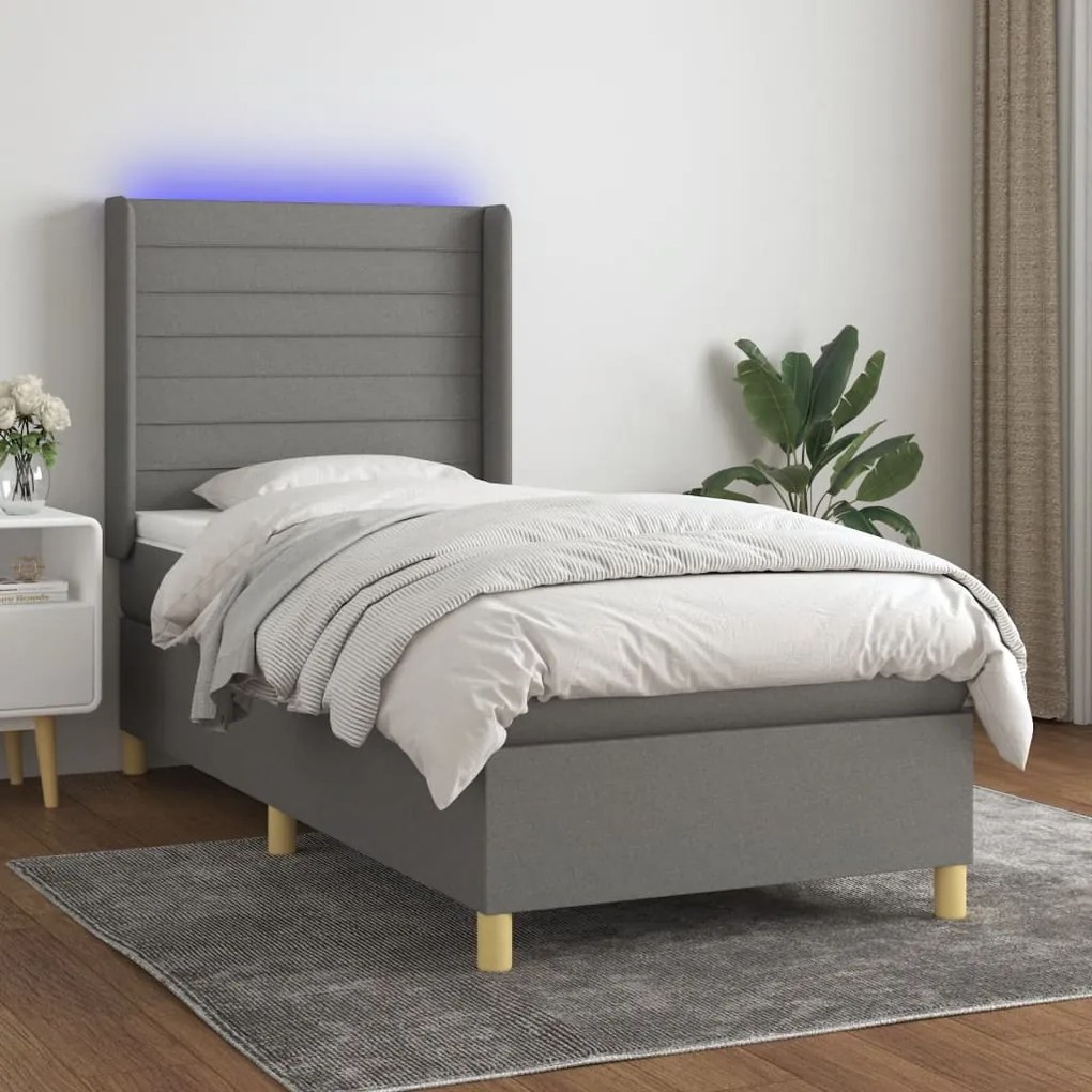 Κρεβάτι Boxspring με Στρώμα &amp; LED Σκ.Γκρι 90x200 εκ. Υφασμάτινο - Γκρι