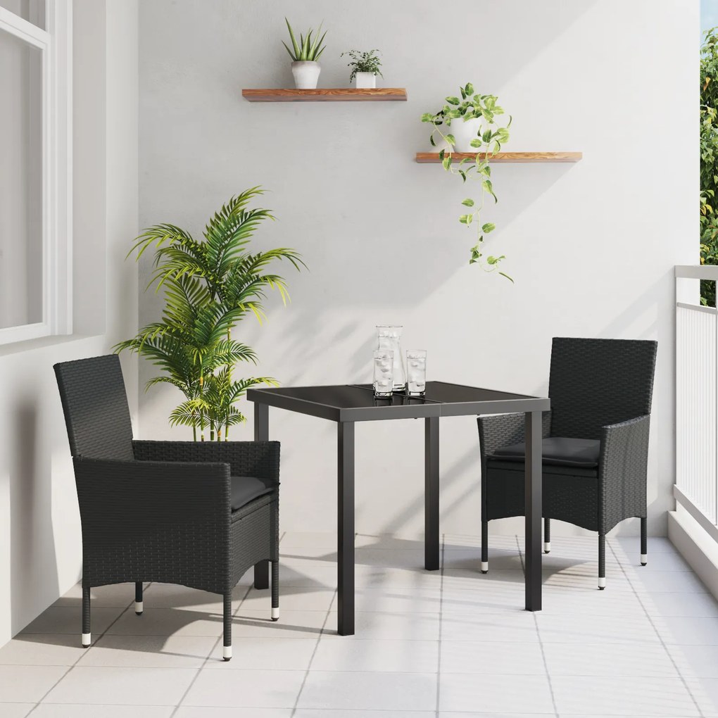 vidaXL Σετ Εξωτερικής Τραπεζαρίας , 3 κομματιών, με μαξιλάρια. Μαύρο πολυ-ράτταν.