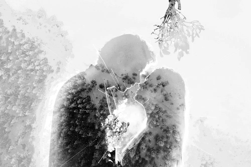 Εικόνα ενός ερωτευμένου ζευγαριού κάτω από γκί σε μαύρο και λευκό - 60x40