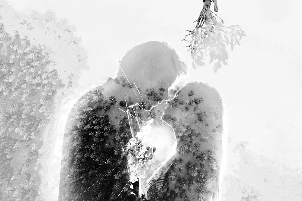 Εικόνα ενός ερωτευμένου ζευγαριού κάτω από γκί σε μαύρο και λευκό