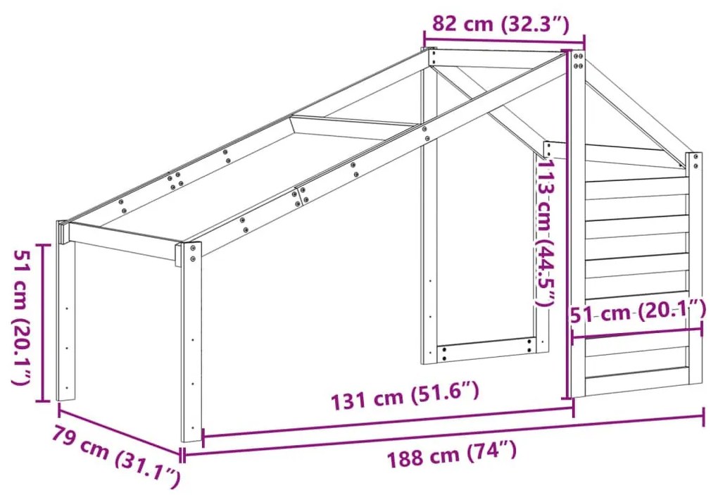 Οροφή Κρεβατιού Παιδική Καφέ 188x82x113 εκ. Μασίφ Ξύλο Πεύκου - Καφέ