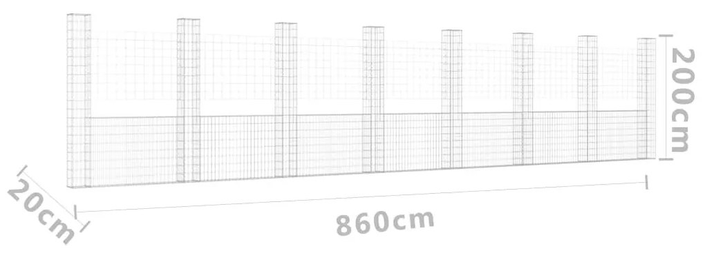 Συρματοκιβώτιο σε U Σχήμα με 8 Στύλους 860x20x200 εκ. Σιδερένιο - Ασήμι