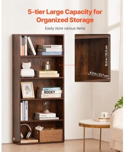 VEVOR 5 Tiers Narrow Bookshelf 53&quot; Wooden Open Bookcase Adjustable Shelf Brown