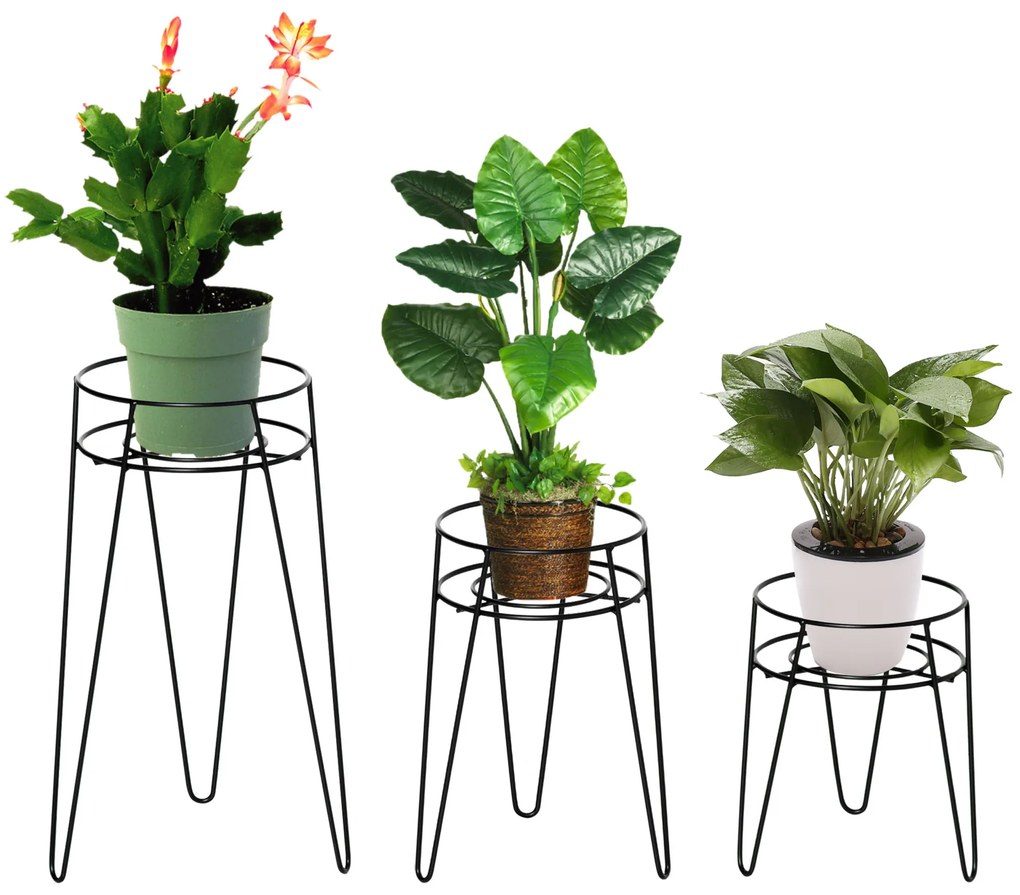 Outsunny Σετ 3 βάσεις για λουλούδια από μέταλλο, σετ βάσεων για φυτά, βάση για γλάστρα, κάτοχος για γλάστρα έως Ø16 cm Μαύρο