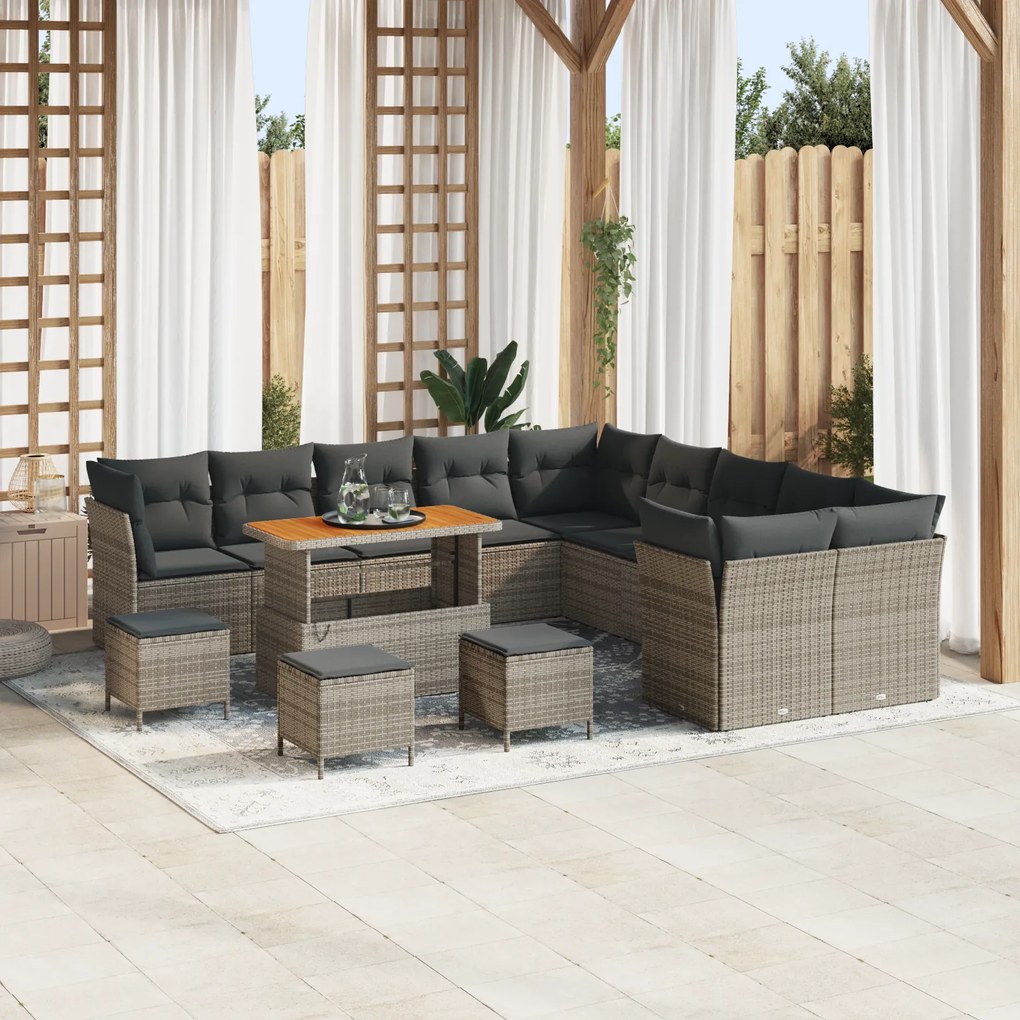 vidaXL Σετ Κήπου 14 Τεμαχίων με Μαξιλάρια Γκρι Poly Rattan Ακακίας