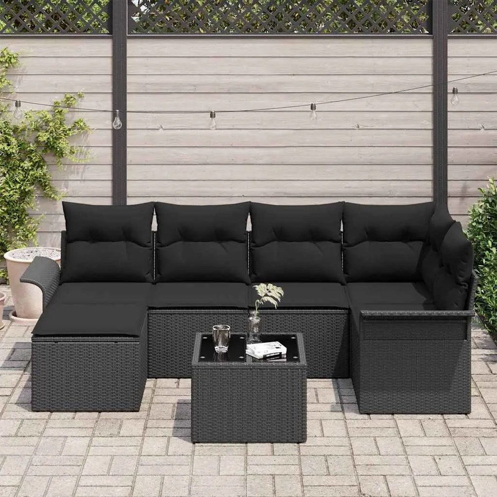 vidaXL Σετ Καναπέ Κήπου με μαξιλάρι 7 pcs Μαύρο Πολυ ράταν