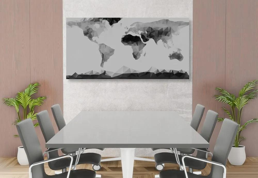 Εικόνα στον παγκόσμιο χάρτη από φελλό σε πολυγωνικό στυλ σε ασπρόμαυρο σχέδιο - 100x50  transparent