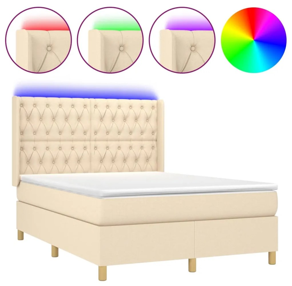 vidaXL Κρεβάτι Boxspring με Στρώμα & LED Κρεμ 140x190 εκ. Υφασμάτινο