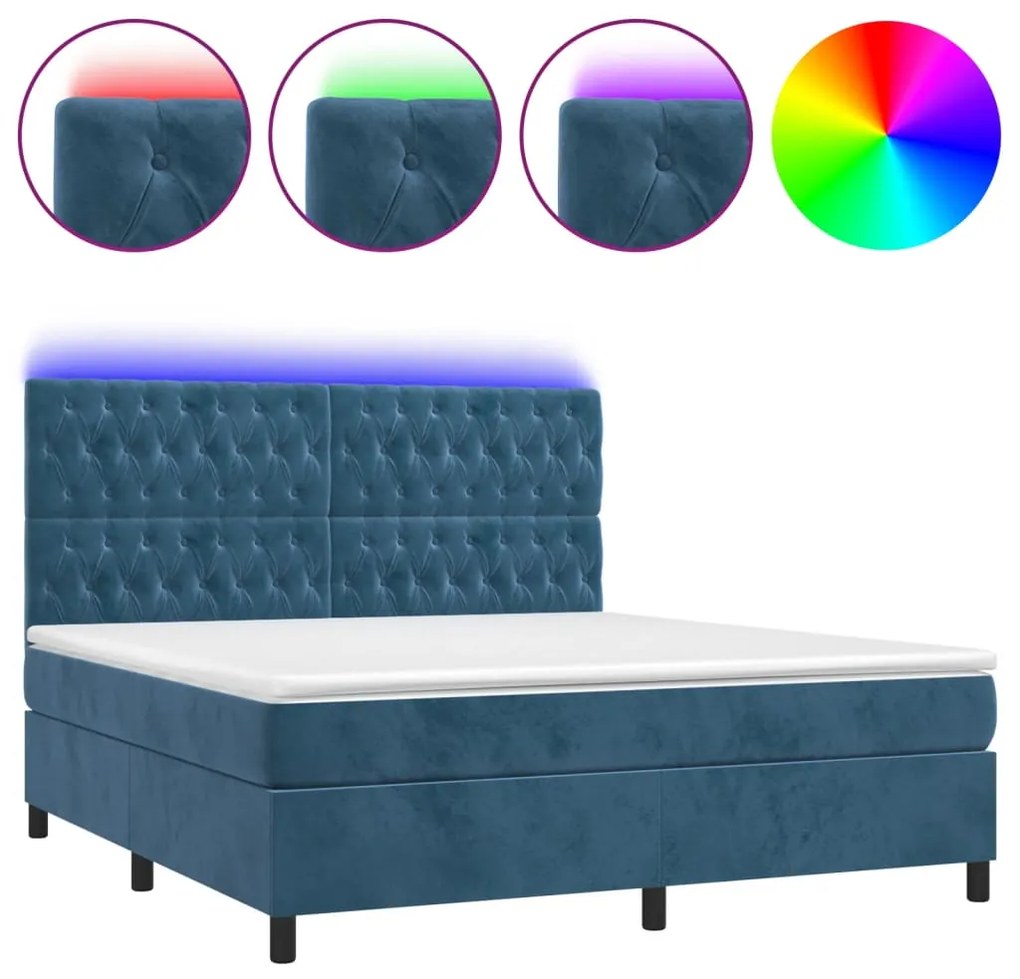 vidaXL Κρεβάτι Boxspring με Στρώμα & LED Σκ. Μπλε 180x200εκ. Βελούδινο