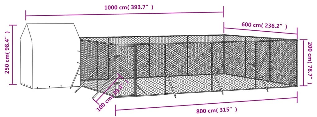 vidaXL Κλουβί Σκύλου Εξ. Χώρου με Οροφή Ασημί 10x6x2,5 μ. Γαλβ. Ατσάλι