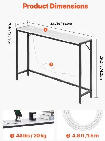VEVOR Marble Console Table Modern Narrow Long Console Table with Power Outlet
