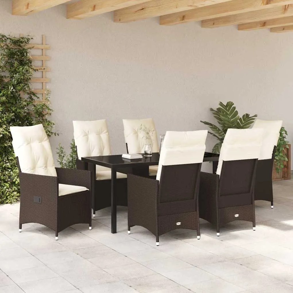 vidaXL Σέτ φαγητού για κήπο με μαξιλάρι 7 pcs Καφέ Πολυ ράταν