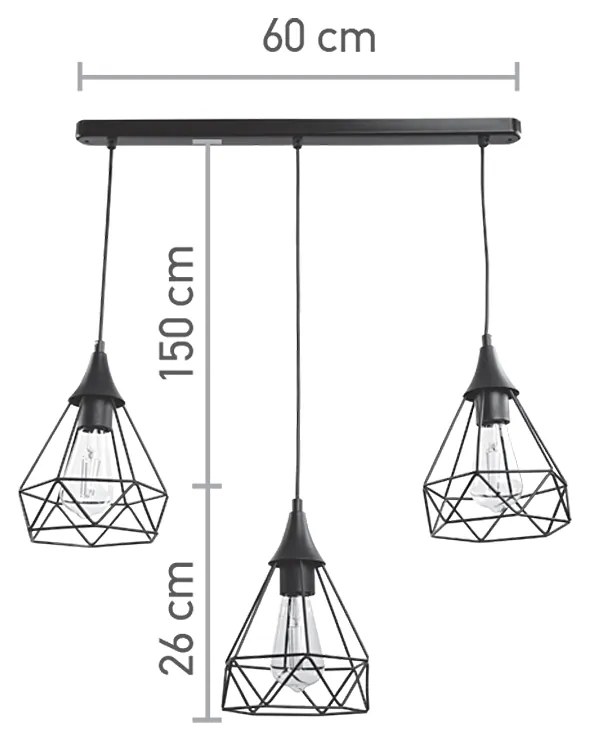 Κρεμαστό φωτιστικό από μαύρο μέταλλο 3XE27 D:60cm (4024-3-BL-RAIL)