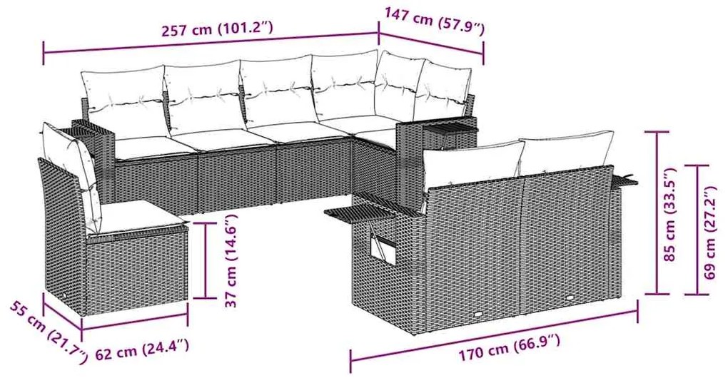 vidaXL Σαλόνι Κήπου Σετ 8 Τεμαχίων Καφέ Συνθετικό Ρατάν με Μαξιλάρια