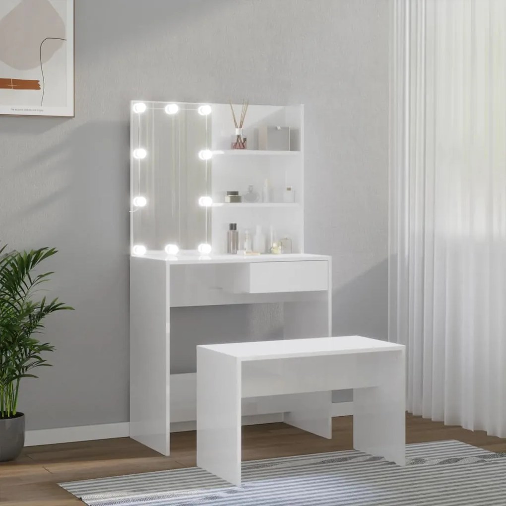 vidaXL Μπουντουάρ Σετ με LED Γυαλιστερό λευκό από Επεξεργασμένο Ξύλο